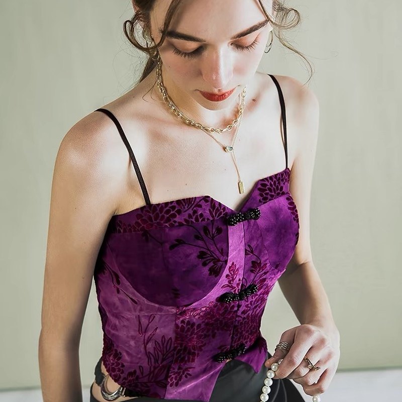 复古印花一字领盘扣吊带背心女春秋设计感收腰开叉无袖短款打底衫,女装/女士精品,抹胸,淘宝优惠券,粉丝福利购,淘宝优惠卷