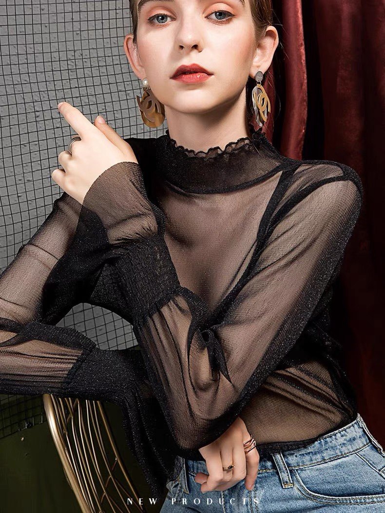 半高领网纱打底衫女透明薄纱内搭黑色衬衫喇叭袖高级感蕾丝上衣秋,女装/女士精品,蕾丝衫/雪纺衫,淘宝优惠券,粉丝福利购,淘宝优惠卷