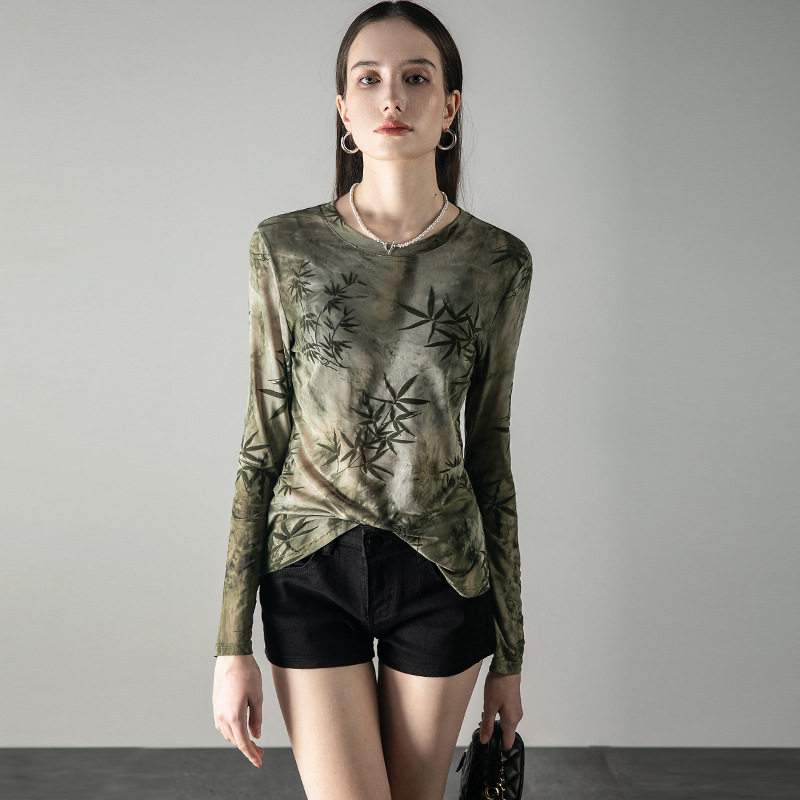 新中式上衣轻国风竹叶印花网纱打底衫女2025新款秋季内搭长袖t恤,女士内衣/男士内衣/家居服,吊带/背心/T恤/打底/肌底衣,淘宝优惠券,粉丝福利购,淘宝优惠卷