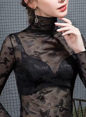 秋季高领蕾丝打底衫女网纱黑色堆
