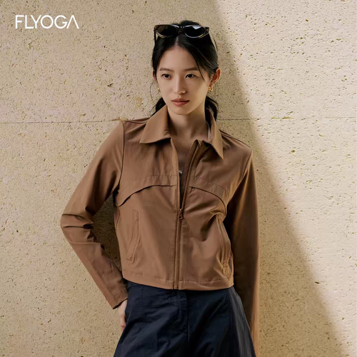 FLYOGA飞蓝云麻短款夹克2026秋季新款女装翻领工装上衣女士外套