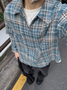 AHCN（志存高远) 美式复古格子条纹拉链门襟衬衫男女宽松休闲长袖