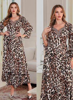 欧美风格豹纹连衣裙优雅长款长裙女 Arabian leopard print dress