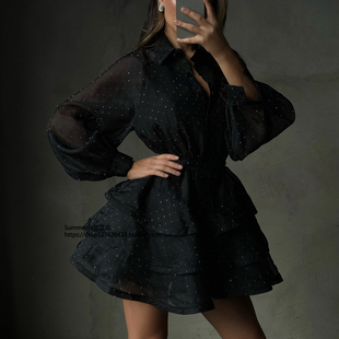 休闲烫钻A字连衣裙翻领长袖 stamping fluffy skirt 高腰蓬蓬裙Hot