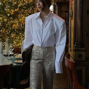 法式简约短款垫肩衬衫翻领长袖百搭开衫上衣 Shoulder pad shirt