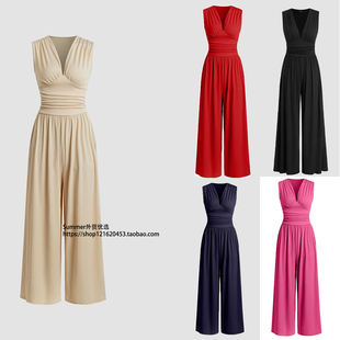 欧美无袖针织连体裤宽松阔腿裤 Knitted waist cinching jumpsuit