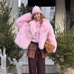 欧美柔软毛茸茸狐狸毛仿皮草甜美短款外套女Pink faux fur jacket