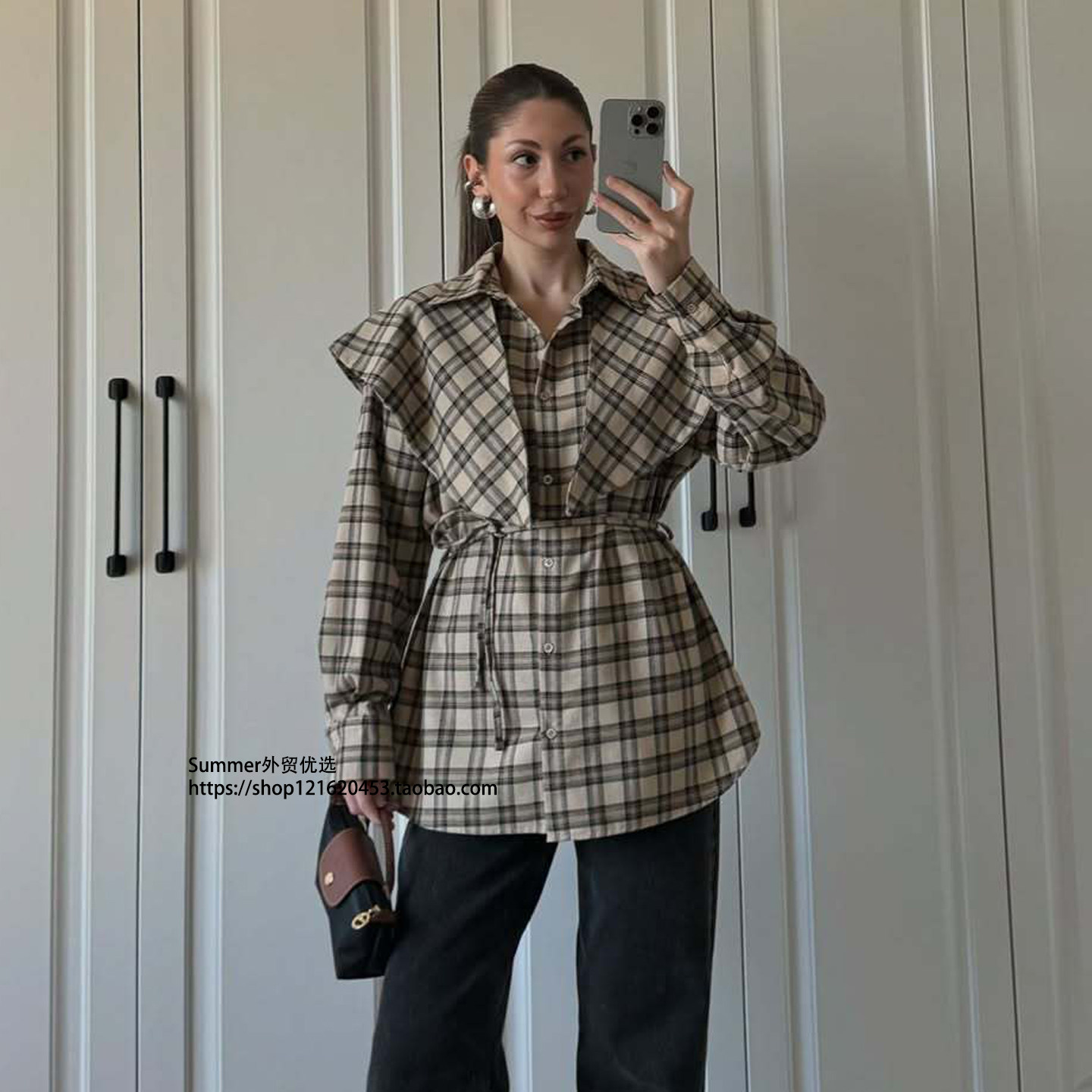欧美披肩系带束腰三穿格子长袖衬衫女 Plaid waist cinched shirt