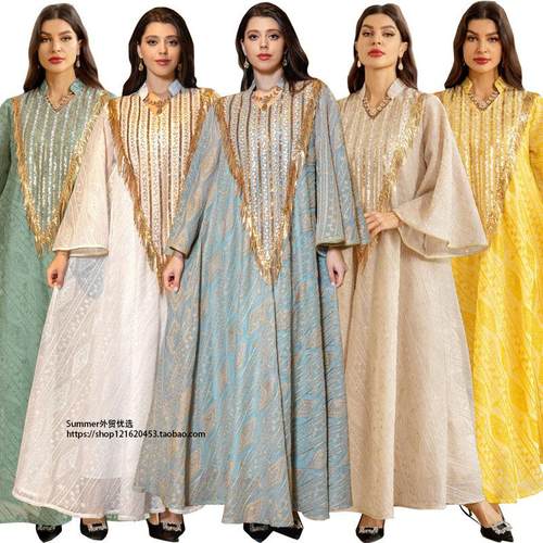 中东迪拜网纱刺绣亮片连衣裙