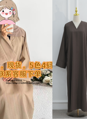 迪拜中东迪拜V领大码连衣裙条纹宽松长袍女 V-neck striped dress