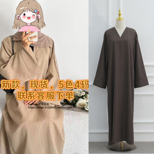 striped 迪拜中东迪拜V领大码 neck dress 连衣裙条纹宽松长袍女