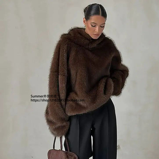 复古连帽仿皮草落肩宽松毛绒套头外套女Faux fur pullover jacket