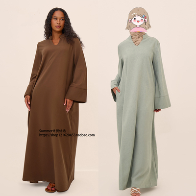 2025秋民族风休闲宽松V领连衣裙