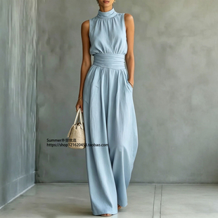 休闲无袖半高领阔腿连体裤 Half high collar wide leg jumpsuit