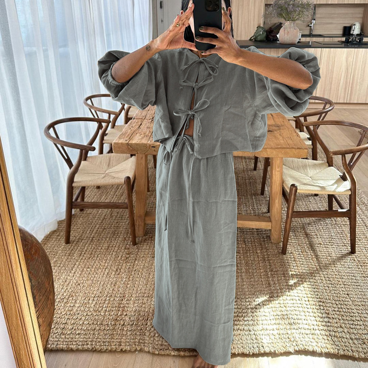 茶系直筒棉泡泡袖衬衫半裙套装