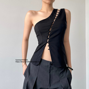 collar Slanted 背心 vest and loop hook 设计感斜领钩扣辣妹无袖