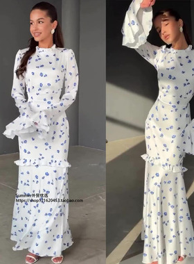 2025温柔风小清新碎花荷叶边长款修身连衣裙Floral ruffled dress