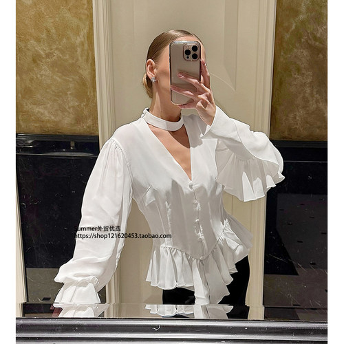 2026春欧美荷叶边大袖子雪纺衬衫