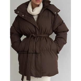 收腰连帽棉衣中长款面包服外套女 Strap up hooded cotton jacket