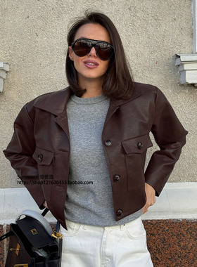 欧美机车风潮流翻领长袖修身显瘦皮衣外套女Brown leather jacket