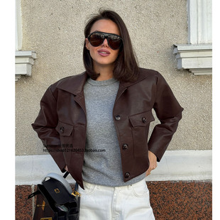 欧美机车风潮流翻领长袖修身显瘦皮衣外套女Brown leather jacket