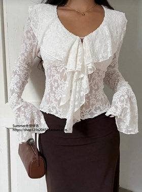 法式纯欲风蕾丝镂空荷叶边喇叭袖衬衣修身上衣Lace ruffled shirt