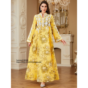 东南亚刺绣印花连衣裙气质阿巴亚长袖礼服裙女 Yellow robe dress