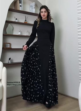 2025中东黑色气质长裙长袖圆领小碎花连衣裙Black floral dress