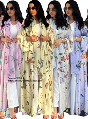 阿巴亚开衫欧美大码含围巾印花两件套女Printed Women's cardigan