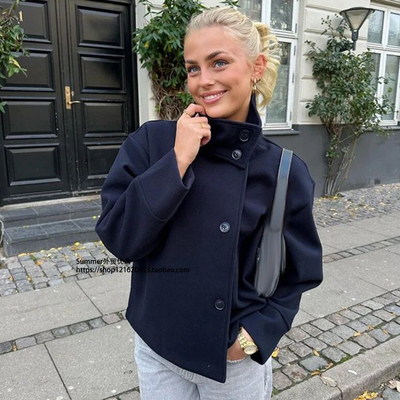 2025秋欧美时尚立领单双排扣外套