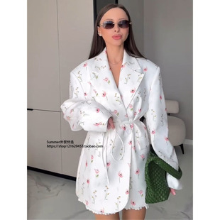 2025春秋印花宽松西装领系带收腰西服外套Printed lace-up blazer