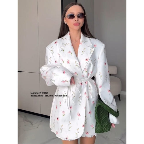 2025春秋欧美印花系带西装外套女