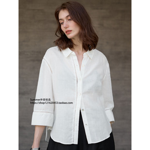 純亞麻門襟鏤空花邊設(shè)計(jì)襯衫 上衣 Linen shirt 女2025老錢風(fēng)七分袖