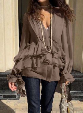 雪纺V领长袖衬衫设计感褶皱宽松百搭上衣女Chiffon ruffled shirt