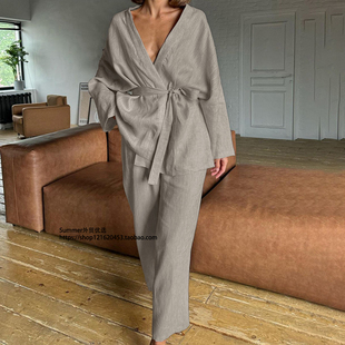 Lace top 慵懒休闲V领长袖 pants 套装 and set 系带上衣宽松长裤