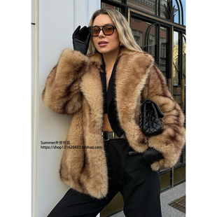 欧美街头潮流2025仿皮草外套短款西装领保暖大衣 Golden fur coat