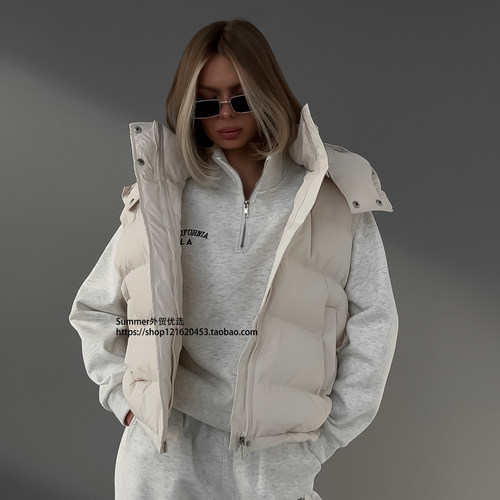 2025冬欧美潮流无袖连帽棉服马甲