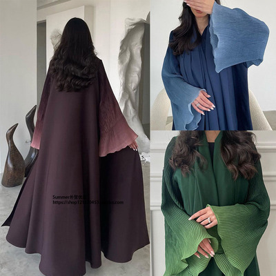 中东阿拉伯雪纺百褶扇形袖子长袍