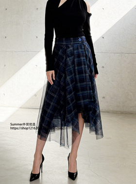 格子拼接度假风舒适气质休闲半身裙女 Checkered patchwork skirt