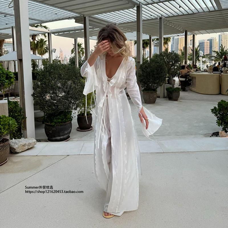 透视绑带长袍长裤套装V领开衫