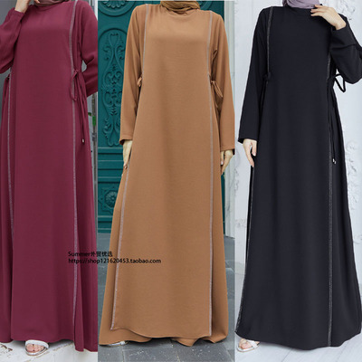 东南亚大摆裙纯色烫钻连衣裙长裙