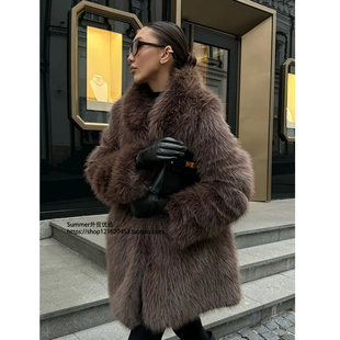 欧美狐狸毛大衣中长款青果领仿皮草外套柔软毛绒绒外套女Fur coat