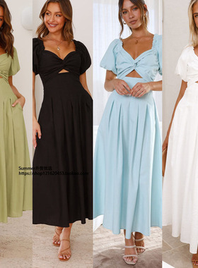 欧美2025夏季V领泡泡袖显瘦镂空连衣裙露背长裙Puff-sleeve dress
