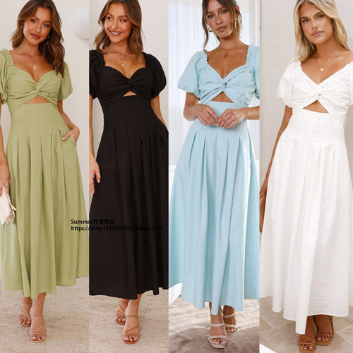 2025夏欧美棉质V领泡泡袖连衣裙