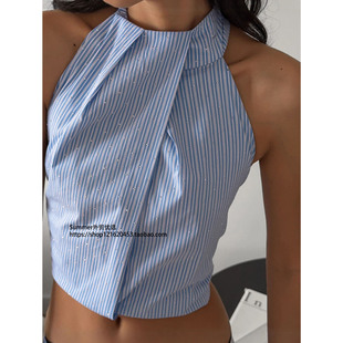 backless 美式 Striped 绑带挂脖露背条纹吊带背心女 vest 辣妹短款