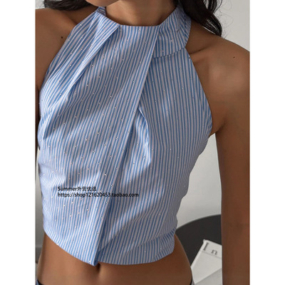 2025夏美式条纹露背绑带挂脖背心