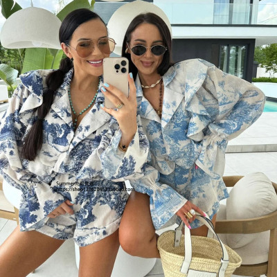 欧美水墨印花衬衫开衫短裤套装女