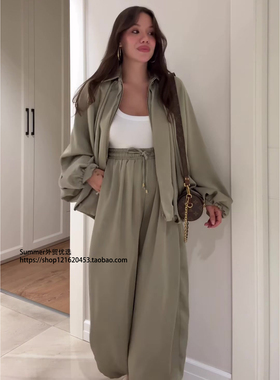 欧美时尚优雅翻领拉链外套长裤套装 Zipper jacket and pants set