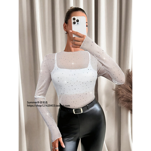 欧美立领长袖网纱透视水钻T恤上衣 Rhinestone see through shirt