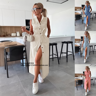 欧美风无袖系带收腰单排扣牛仔连衣裙 lace up cowboy vest dress